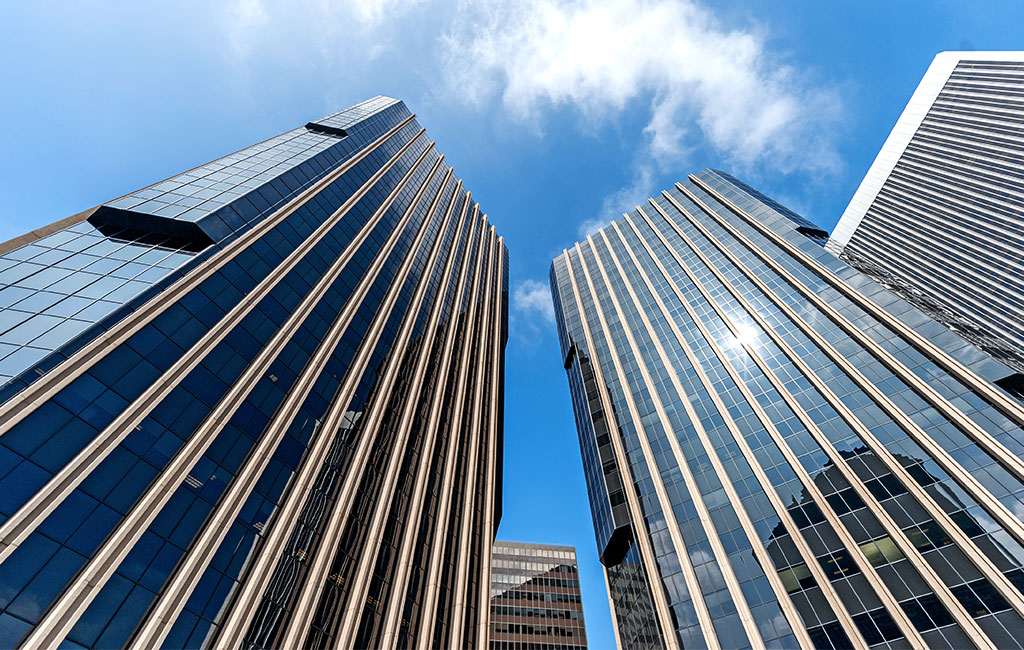 Looking up at the two Watt Plaza Towers in Century City, CA