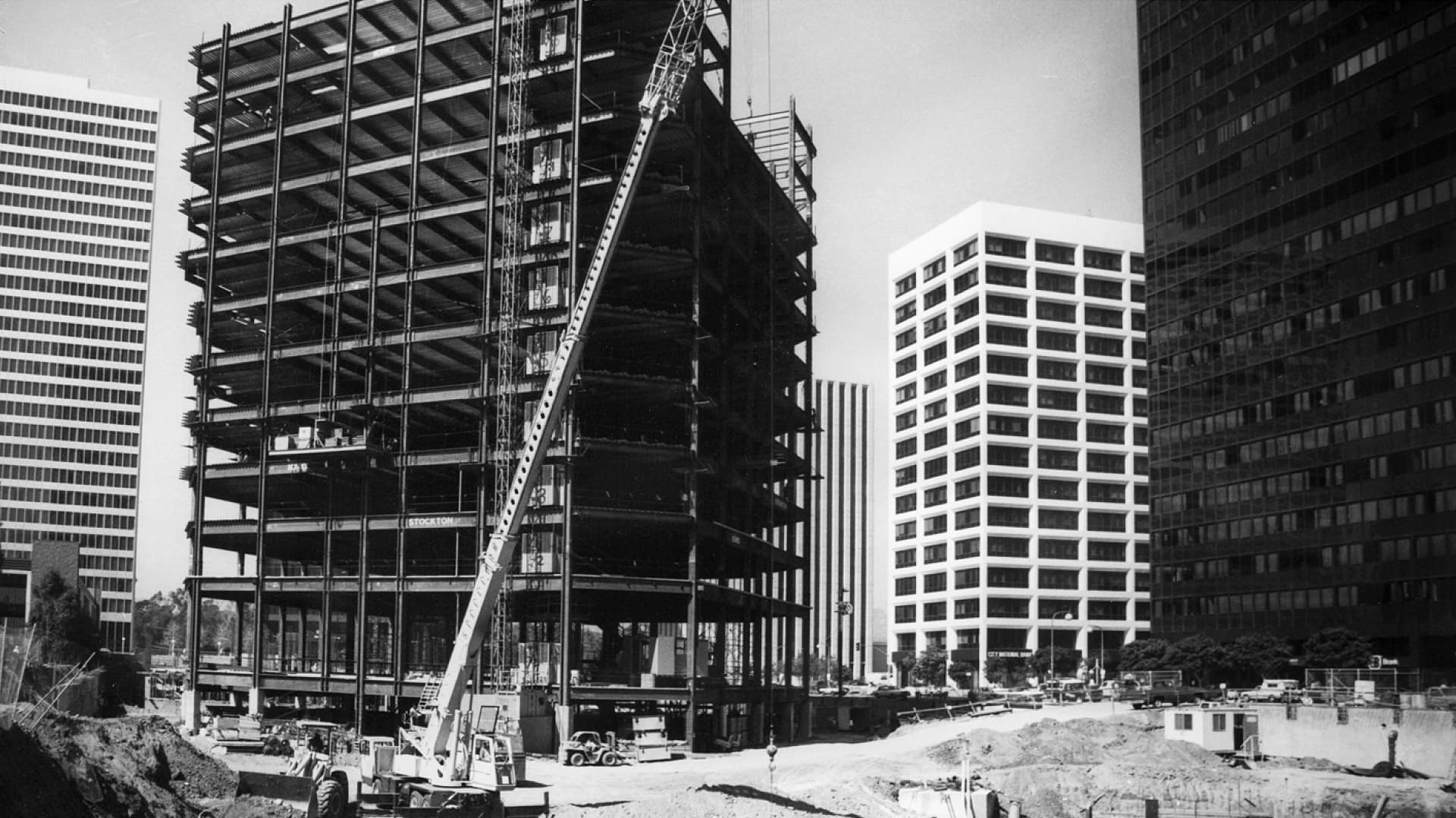 Black and white photo of Watt Plaza under construction